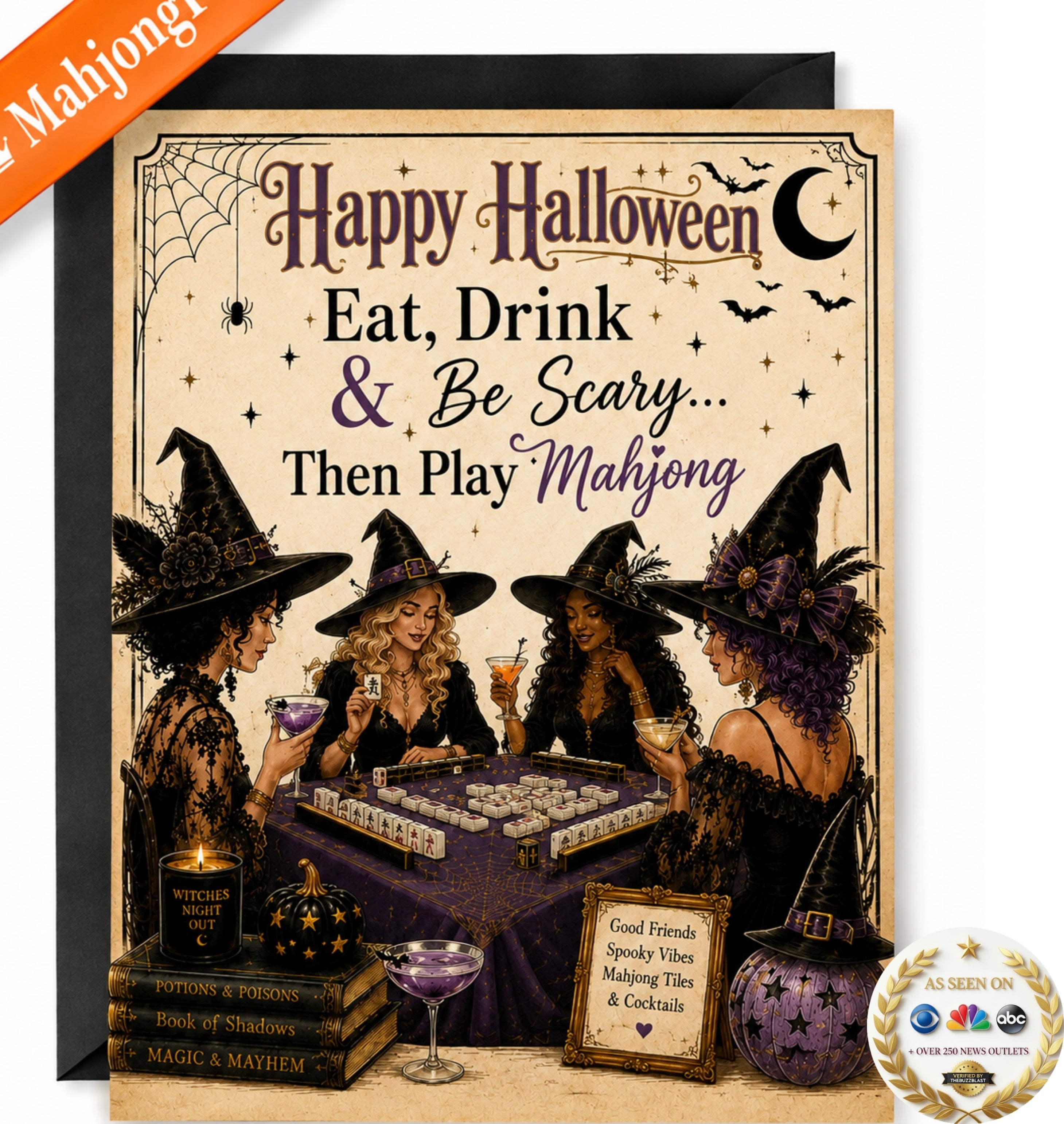 A Halloween-themed Mahjong card game package shown on a white background, featuring illustrated witches playing mahjong with the text 'Happy Halloween Eat, Drink & Be Scary.