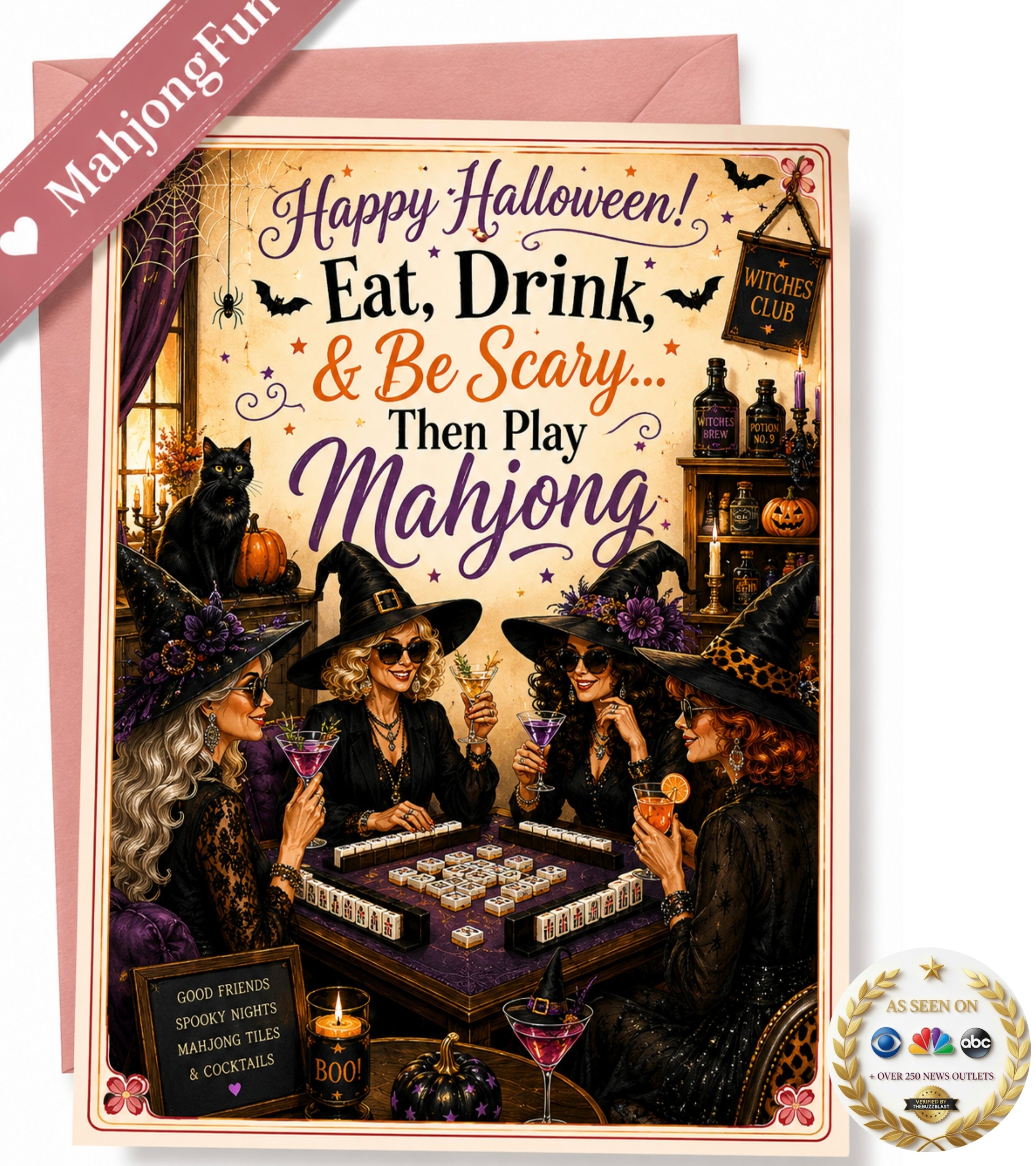 Celebrate Halloween with your favorite Mahjong friends with this fun printable Mahjong Halloween card featuring four stylish witches enjoying cocktails and a game of Mahjong.

Perfect for your Mahjong group, Mahj bestie, hostess, or anyone who believes Halloween is better with good friends, spooky nights, Mahjong tiles and cocktails.