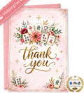 A pink thank you greeting card with a matching pink envelope. The card features a watercolor floral design with mahjong tiles, gold Chinese characters, and glittery gold 'thank you' script.