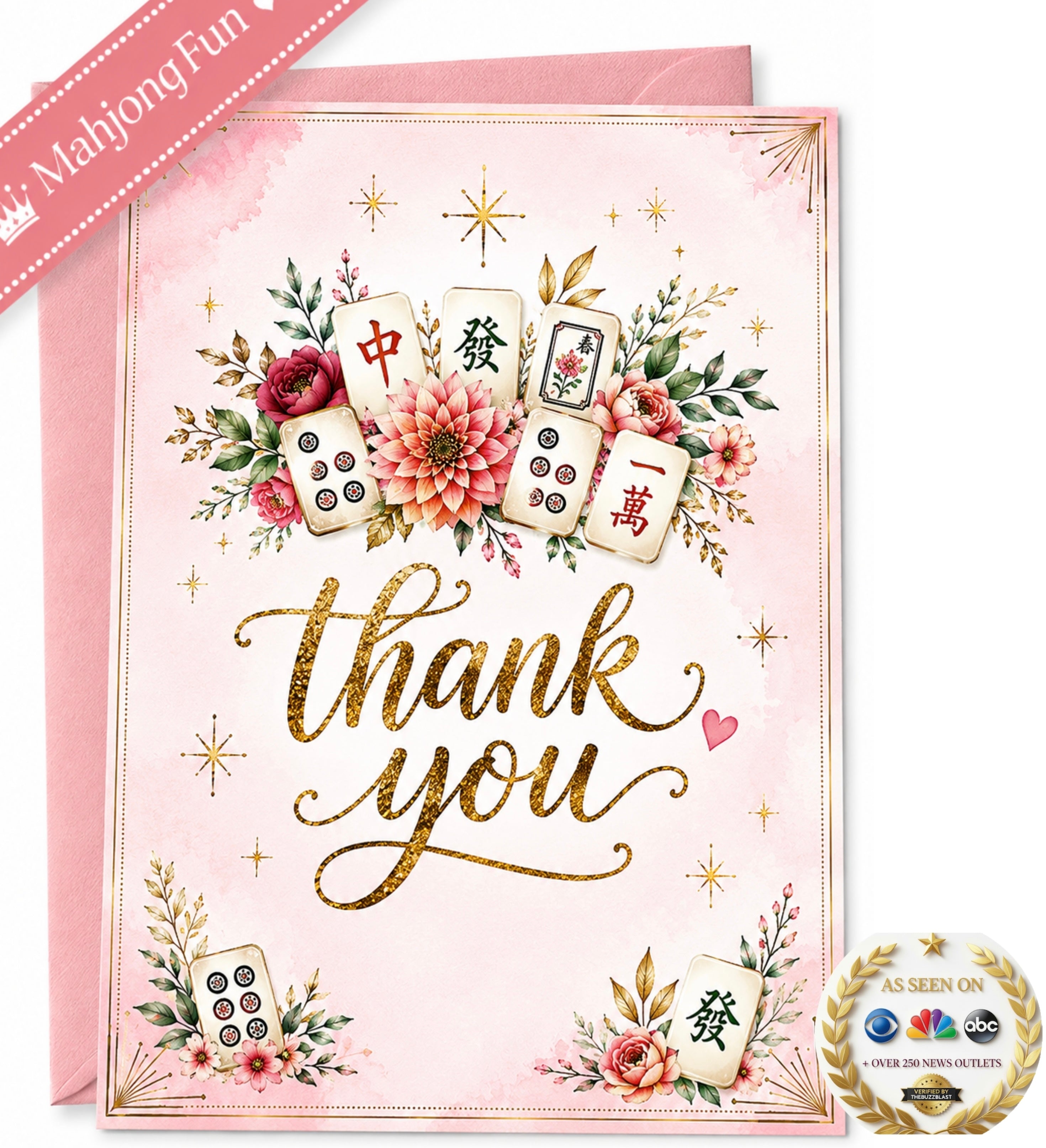 A pink thank you greeting card with a matching pink envelope. The card features a watercolor floral design with mahjong tiles, gold Chinese characters, and glittery gold 'thank you' script.