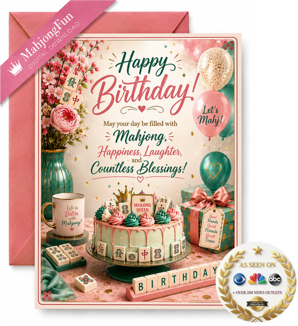 A birthday greeting card with a pink envelope, featuring a decorated birthday cake, balloons, flowers, and mahjong-themed text. A pink diagonal banner reads 'MahjongFun DIGITAL DOWNLOAD' and a round 'As Seen on ABC' logo appears in the lower right corner.