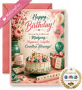 A birthday greeting card with a pink envelope, featuring a decorated birthday cake, balloons, flowers, and mahjong-themed text. A pink diagonal banner reads 'MahjongFun DIGITAL DOWNLOAD' and a round 'As Seen on ABC' logo appears in the lower right corner.
