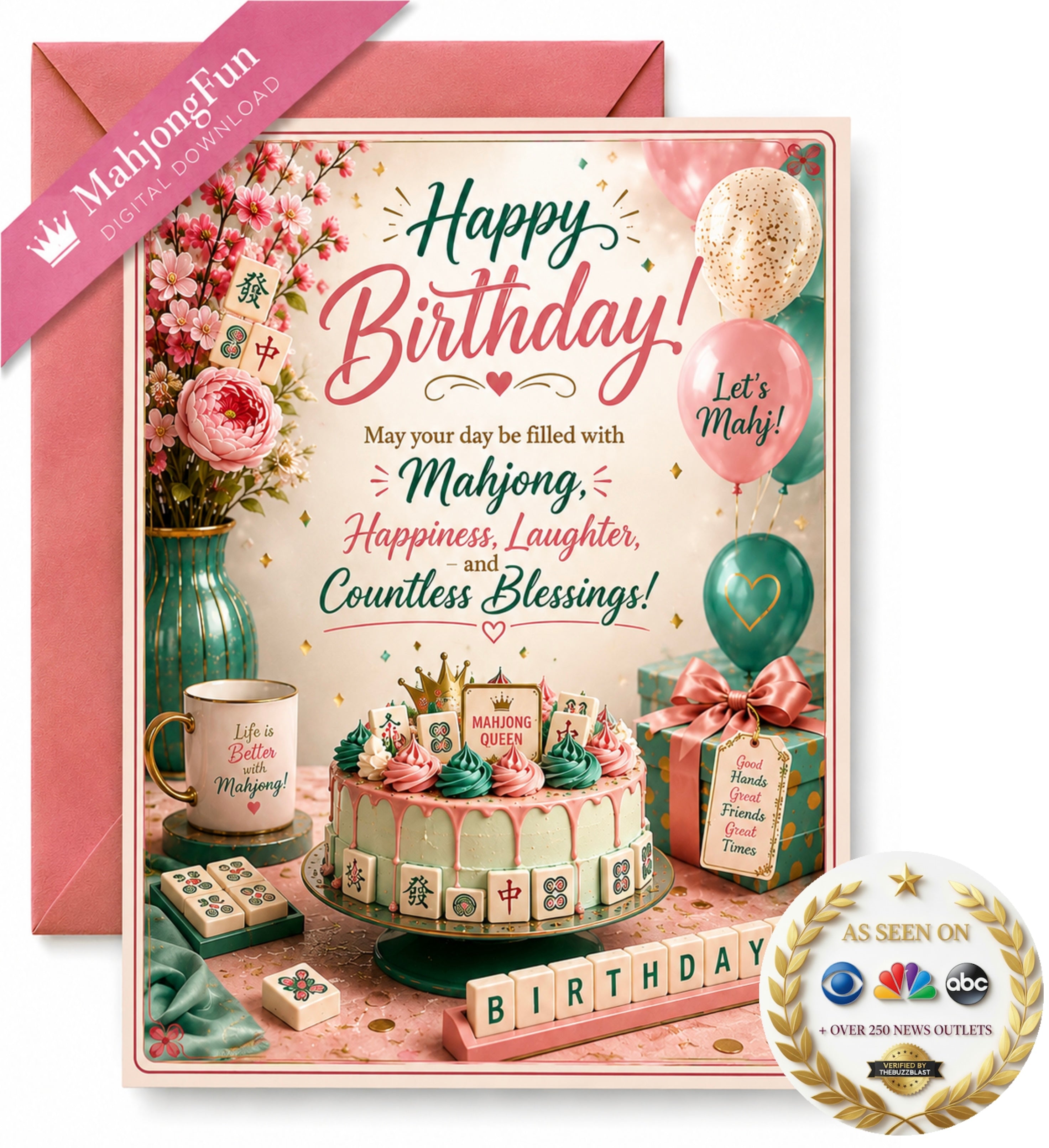 A birthday greeting card with a pink envelope, featuring a decorated birthday cake, balloons, flowers, and mahjong-themed text. A pink diagonal banner reads 'MahjongFun DIGITAL DOWNLOAD' and a round 'As Seen on ABC' logo appears in the lower right corner.