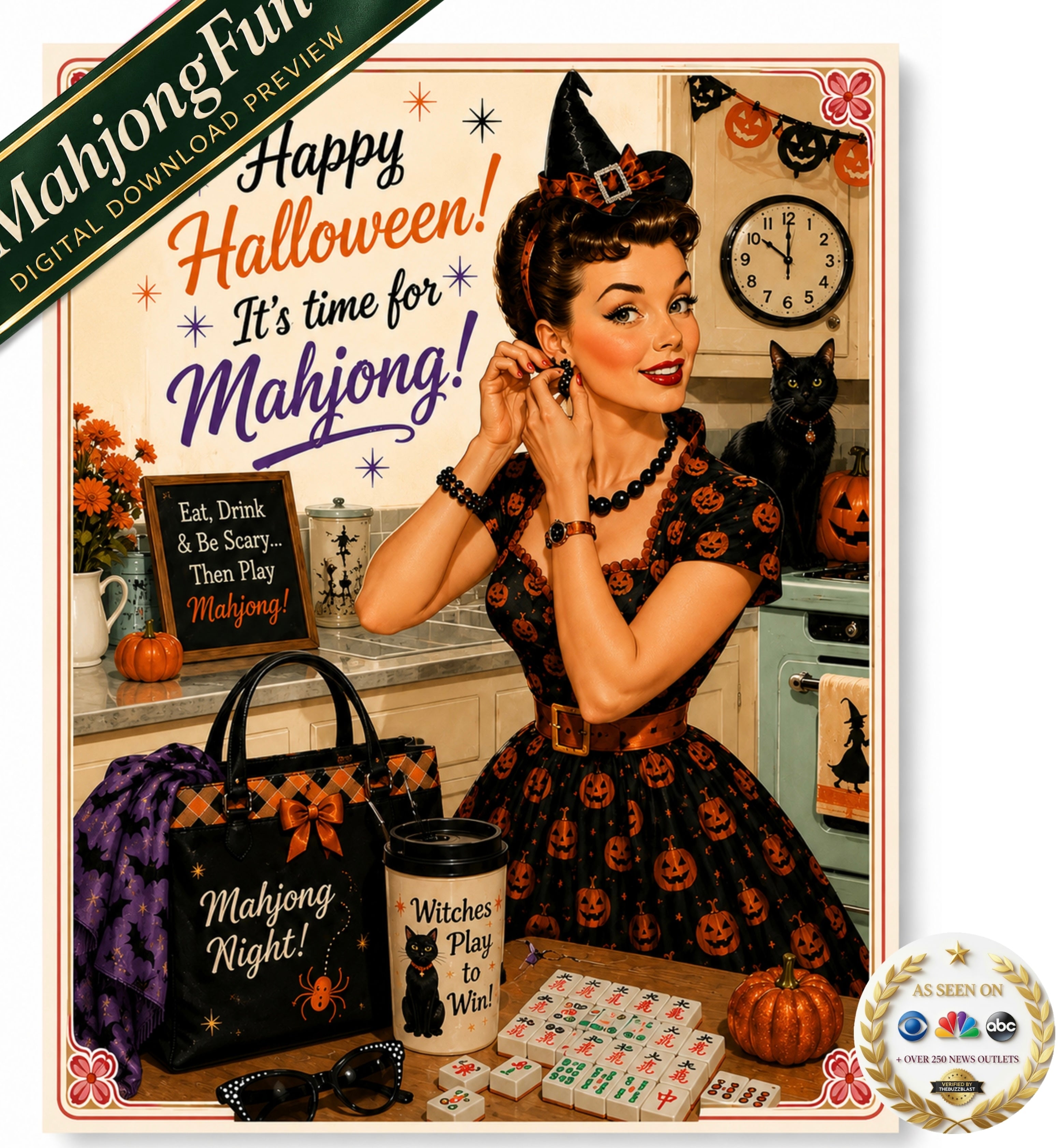 Celebrate Halloween with a little spooky fun and a lot of Mahjong! This retro-inspired printable Halloween card features a glamorous witchy Mahjong player, pumpkins, a black cat and a playful vintage Halloween design.

Perfect for your Mahjong group, Mahj bestie, hostess, friend, neighbor, or anyone who would rather spend Halloween around the Mahjong table.