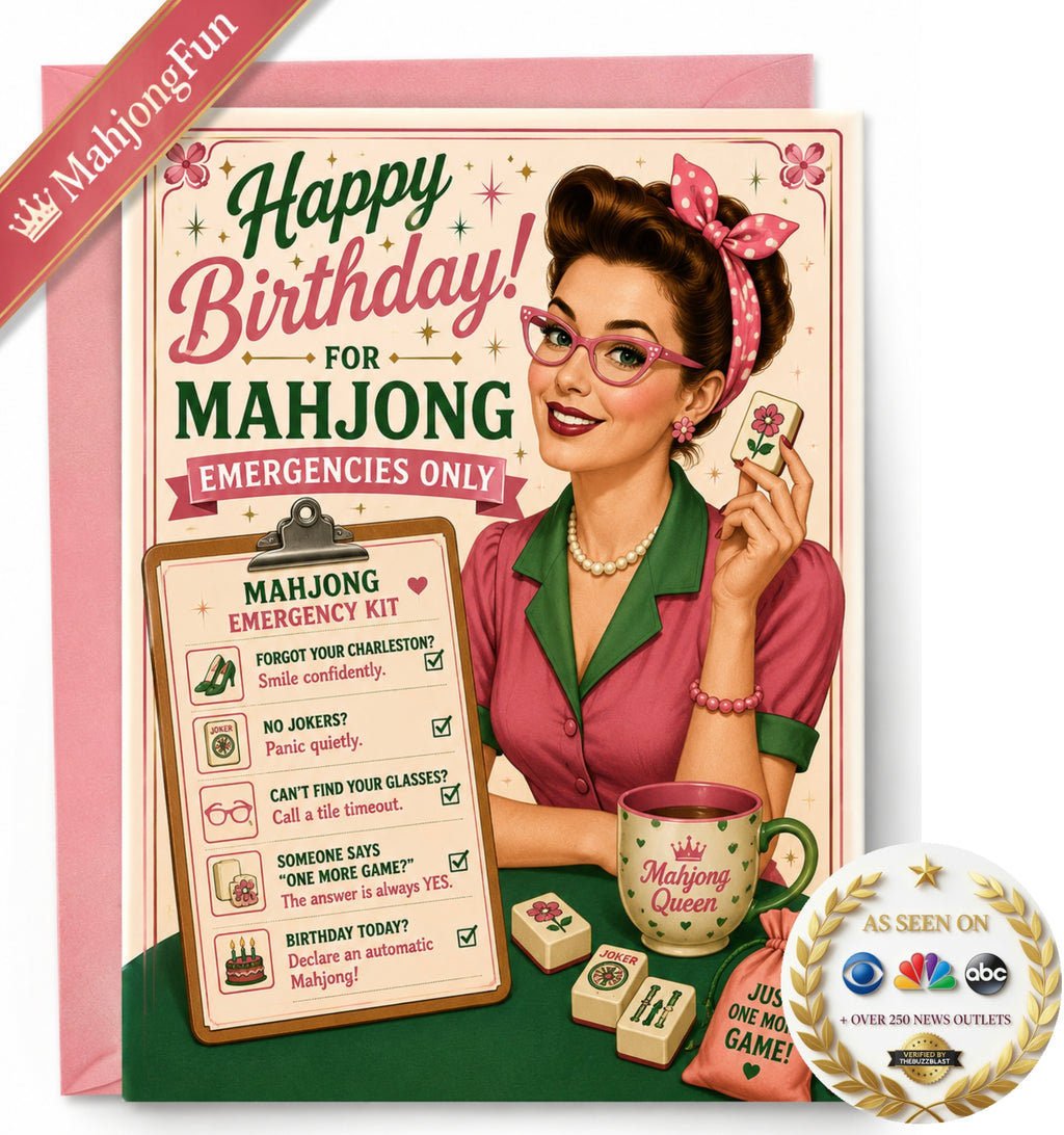A novelty birthday card or print featuring a retro illustration of a woman holding a mahjong tile, with the text 'Happy Birthday! FOR MAHJONG EMERGENCIES ONLY.' A pink ribbon banner in the top left reads 'MahjongFun,' and a round 'As Seen on ABC' seal appears in the bottom right corner.