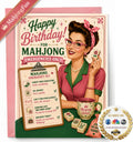 A novelty birthday card or print featuring a retro illustration of a woman holding a mahjong tile, with the text 'Happy Birthday! FOR MAHJONG EMERGENCIES ONLY.' A pink ribbon banner in the top left reads 'MahjongFun,' and a round 'As Seen on ABC' seal appears in the bottom right corner.