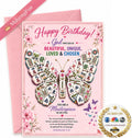 This beautiful Christian Mahjong Birthday Card features a butterfly created from colorful Mahjong tiles surrounded by soft pink florals and an uplifting message reminding her that she is beautiful, unique, loved and chosen by God.