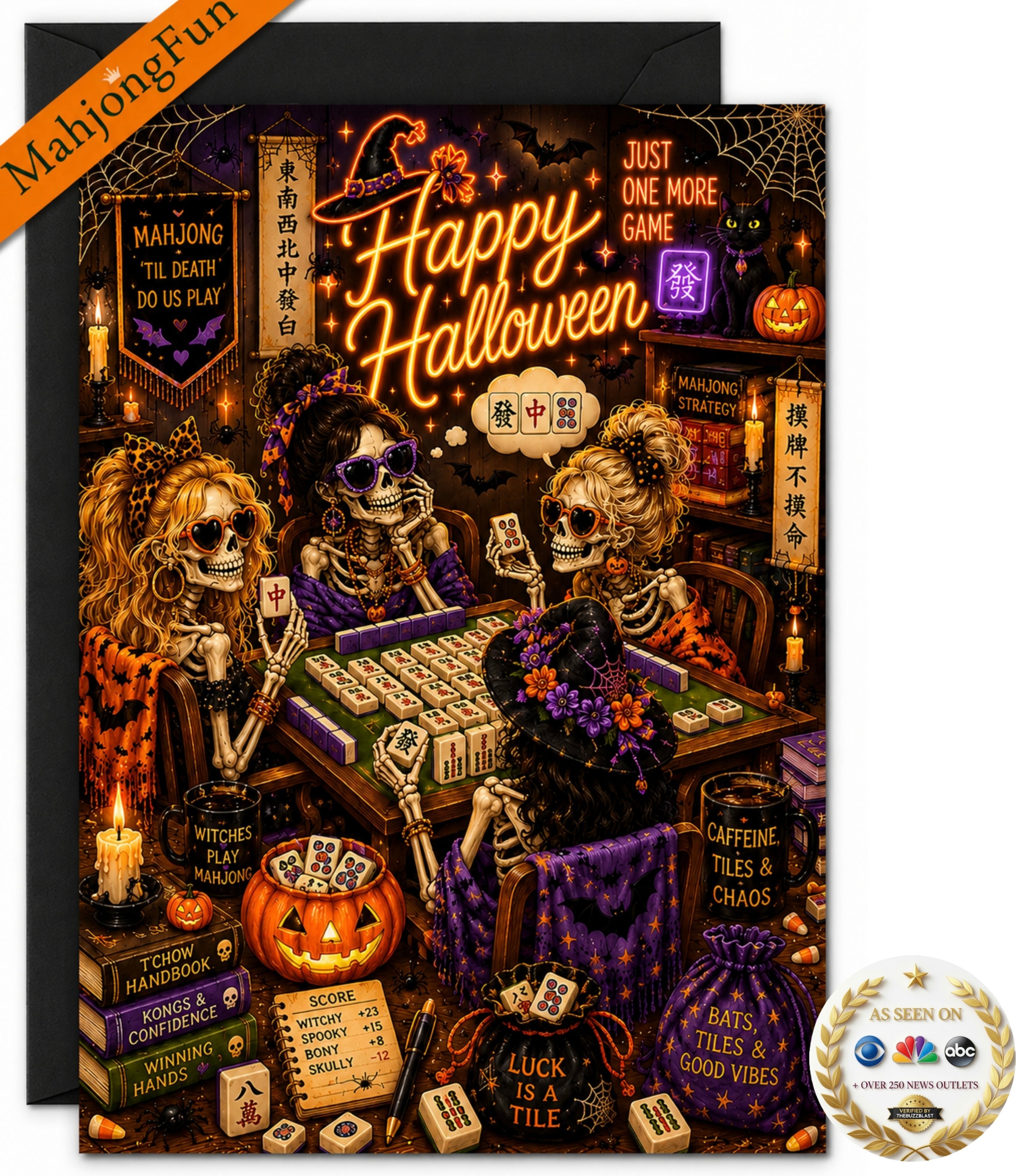 Celebrate spooky season with a Mahjong card made especially for the friend who would rather play just one more game than do almost anything else.

This colorful Halloween design features a fun group of skeleton Mahjong players surrounded by pumpkins, tiles, witchy details and plenty of Mahjong humor. It’s perfect for your Mahjong group, Mahj bestie, hostess, tournament friend or anyone who loves Halloween and Mahjong.