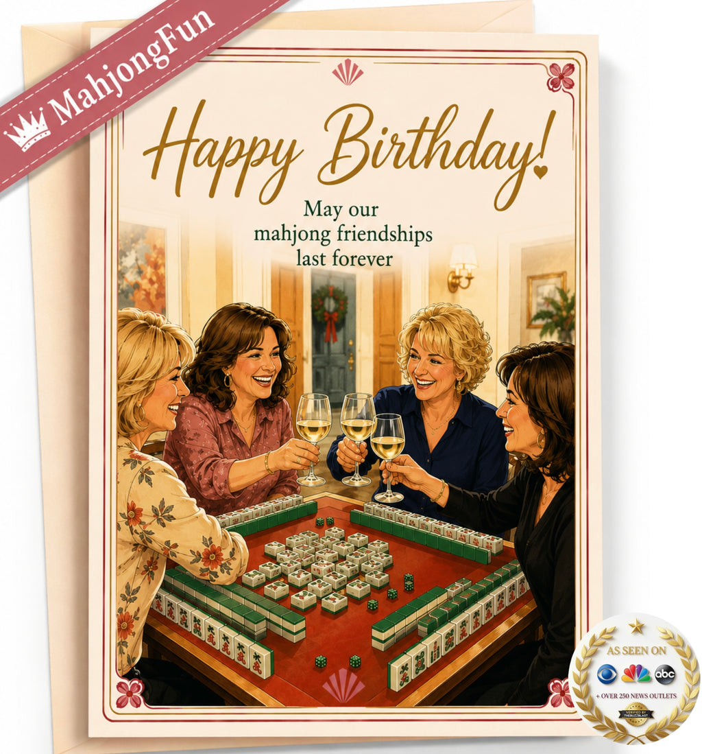 A square birthday card featuring a vintage-style illustration of four women playing mahjong and raising wine glasses, with the text 'Happy Birthday! May our mahjong friendships last forever.' The card is shown with a kraft envelope behind it and a pink 'MahjongFun' ribbon banner across the top left.
