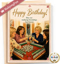 A square birthday card featuring a vintage-style illustration of four women playing mahjong and raising wine glasses, with the text 'Happy Birthday! May our mahjong friendships last forever.' The card is shown with a kraft envelope behind it and a pink 'MahjongFun' ribbon banner across the top left.