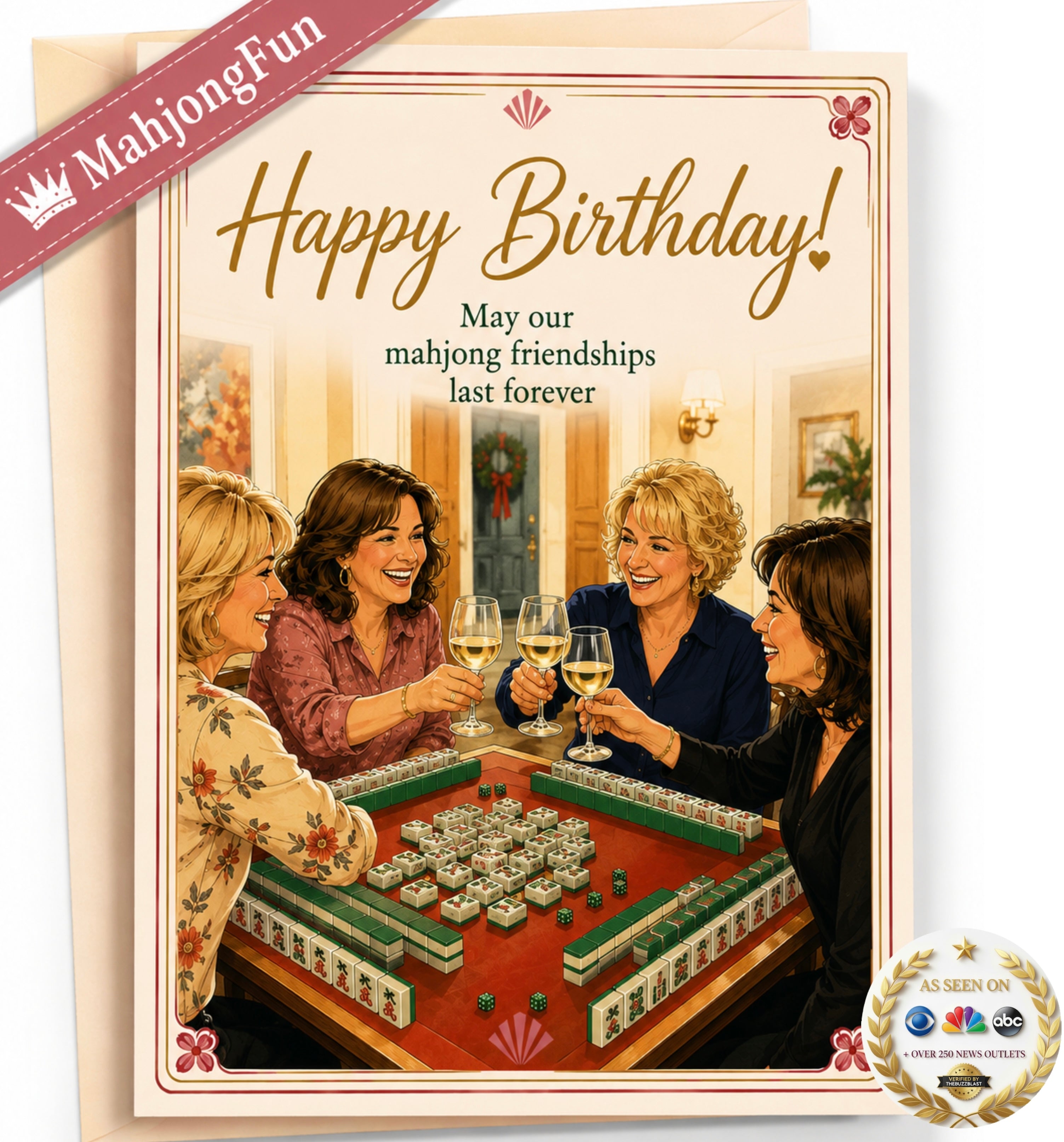 A square birthday card featuring a vintage-style illustration of four women playing mahjong and raising wine glasses, with the text 'Happy Birthday! May our mahjong friendships last forever.' The card is shown with a kraft envelope behind it and a pink 'MahjongFun' ribbon banner across the top left.