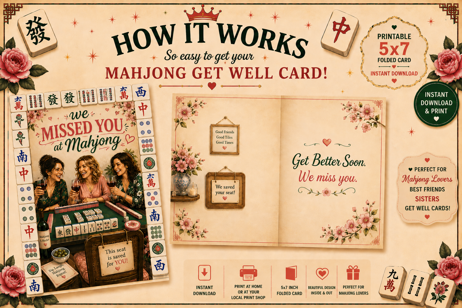 Promotional graphic for a Mahjong get well card with text and graphics. A greeting card and matching pink envelope shown on a light beige background. The card reads 'we MISSED YOU at Mahjong' with a printed illustration of three women playing mahjong at a table.