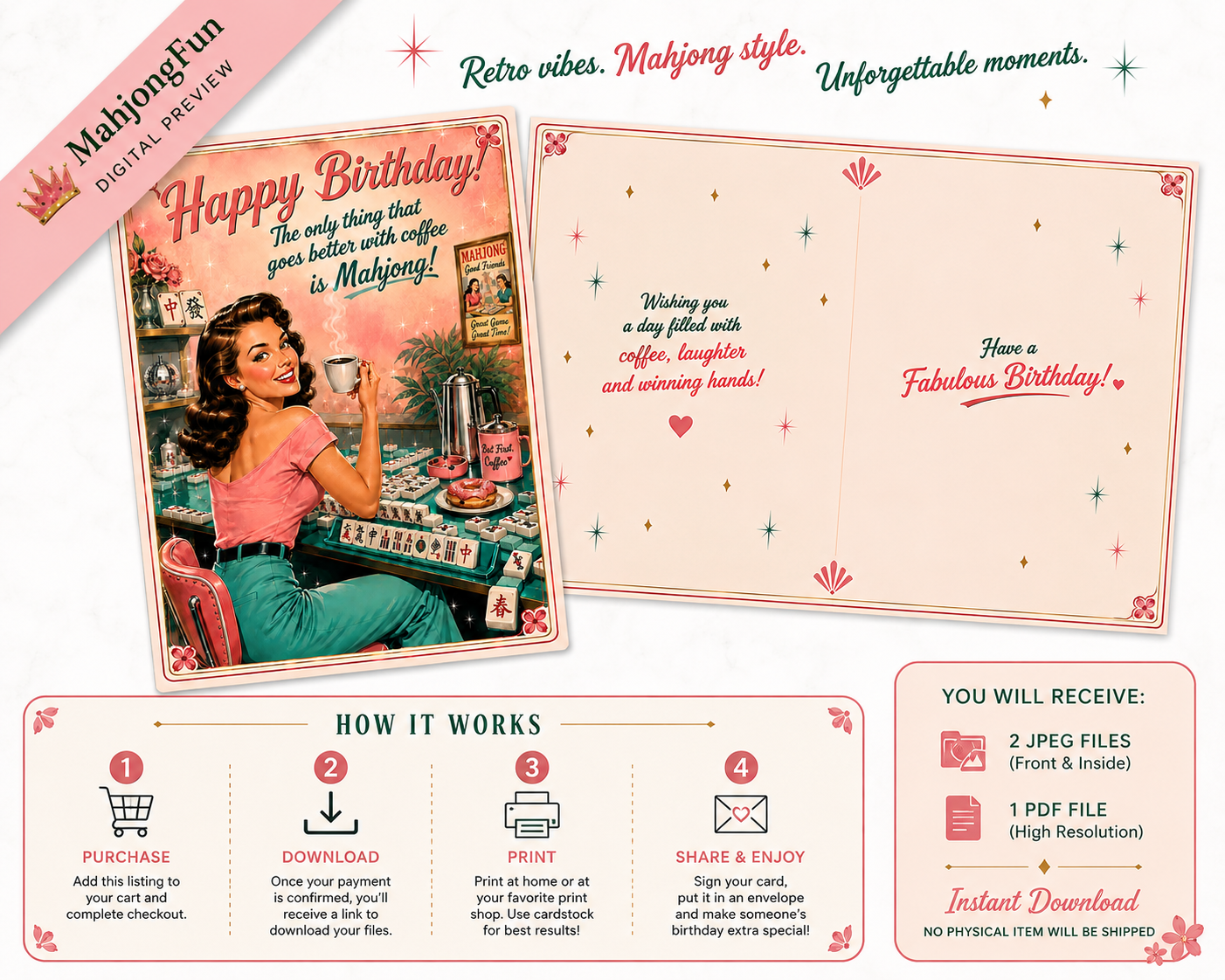 A promotional graphic for a printable birthday card set with retro Mahjong-style design elements. The main area shows two sample card designs: one front cover with an illustrated woman at a coffee table and the text 'Happy Birthday!', and one inside layout with decorative text and heart motifs.