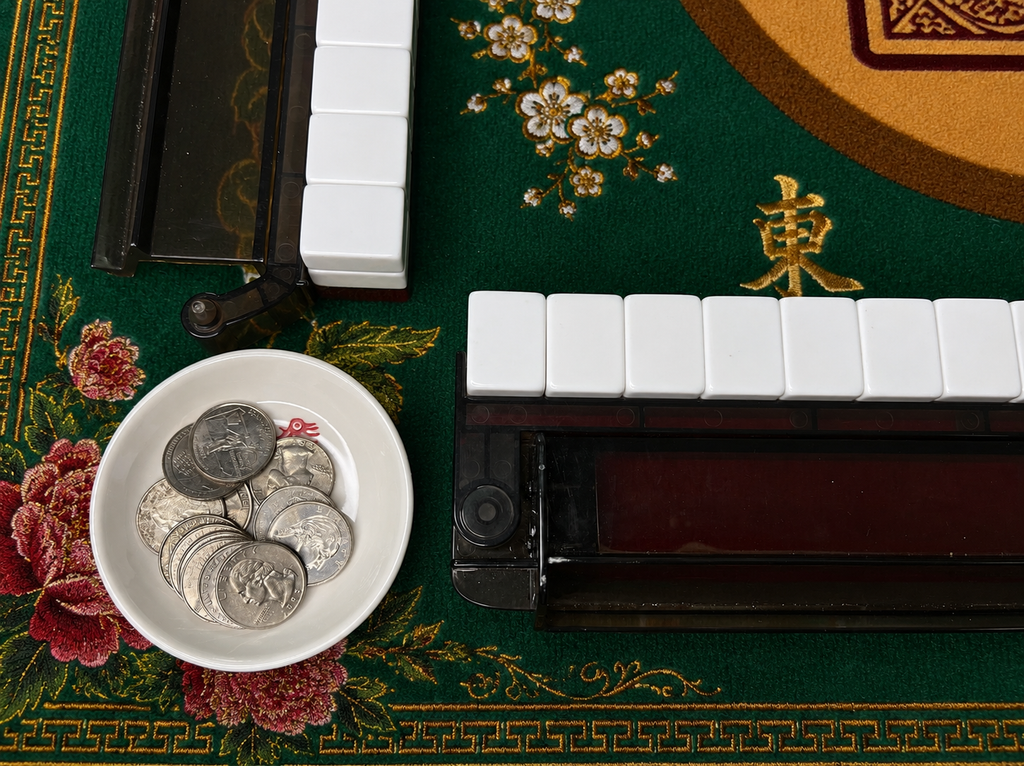 A close-up overhead view of a traditional Chinese mahjong game setup, featuring white tiles, black racks, a small white dish of silver coins, and a green floral-patterned mat.