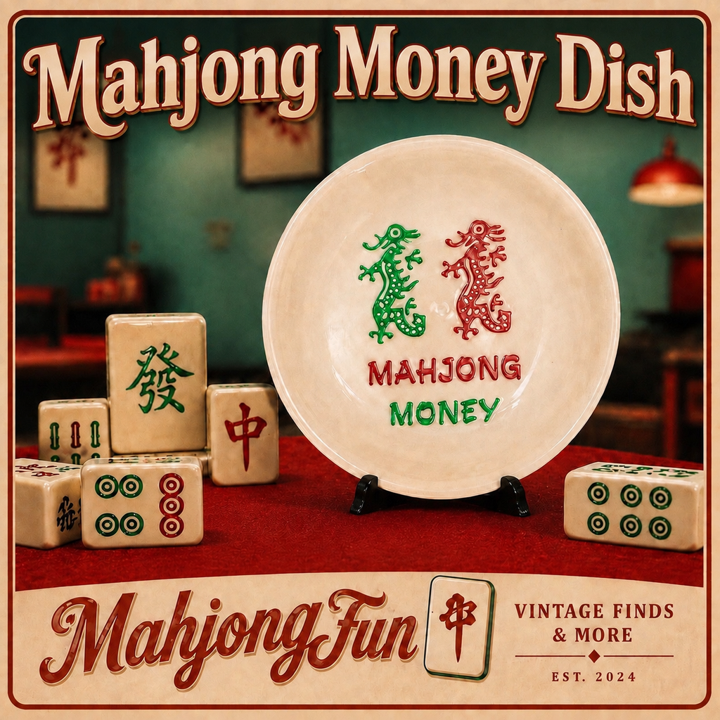 A ceramic mahjong money dish displayed on a stand, surrounded by decorative mahjong tiles. The plate is cream-colored with green and red dragon motifs and the words 'MAHJONG MONEY'.