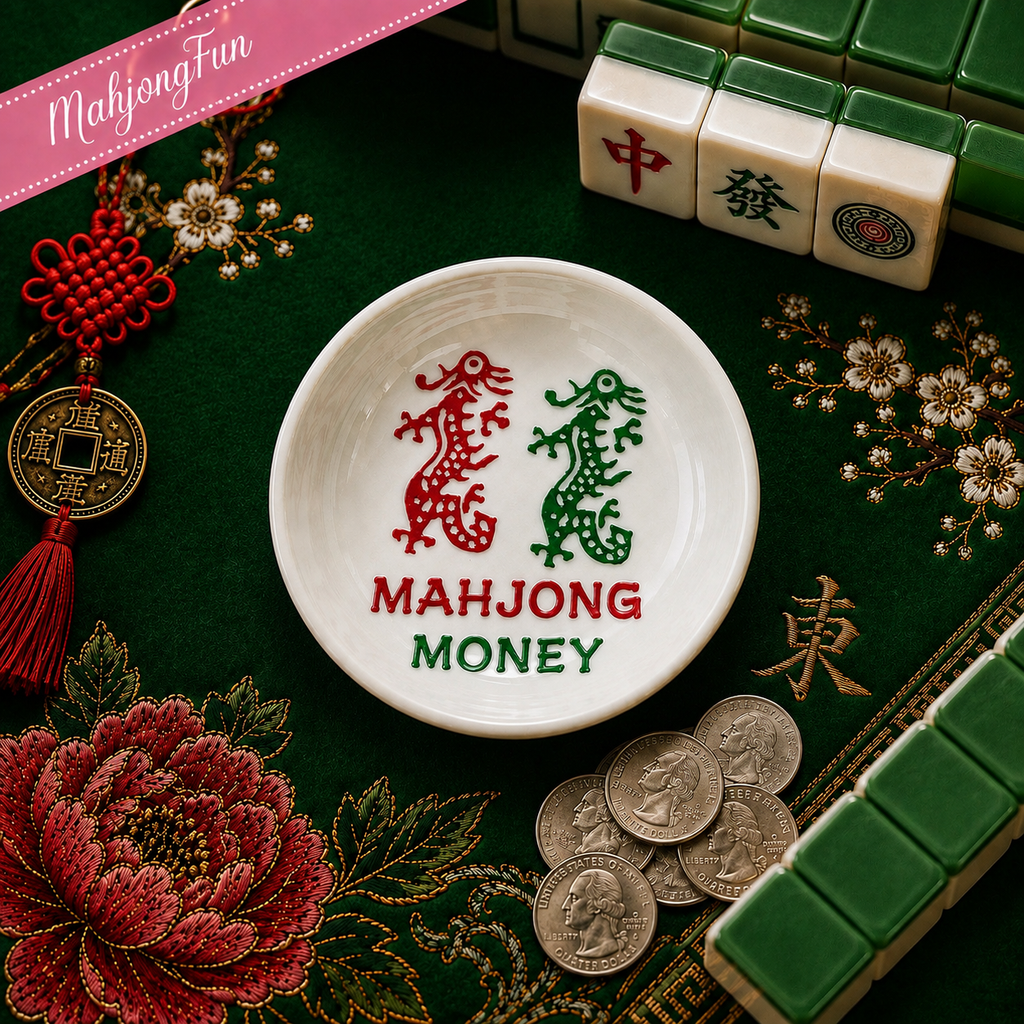 A white ceramic mahjong money dish with red and green dragon motifs and the text 'MAHJONG MONEY' in red and green, styled on a green embroidered tablecloth with mahjong tiles, coins, and decorative Chinese ornaments.