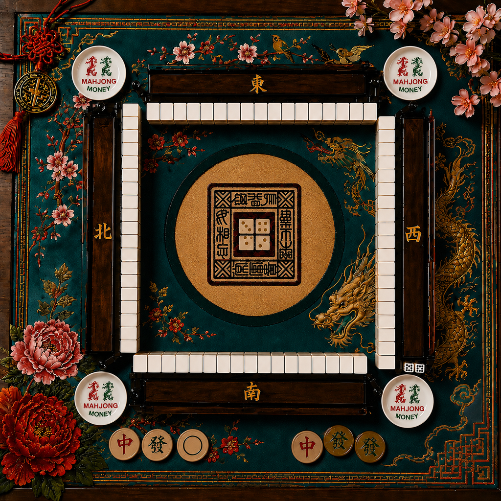 A decorative Chinese mahjong-style game board with a dark teal and gold background, floral borders, dragon artwork, numbered tiles around the edges, and round Chinese money tokens. The board is photographed straight-on against a dark backdrop with no people or real environment visible, so this fits Product/Packaging rather than Lifestyle.