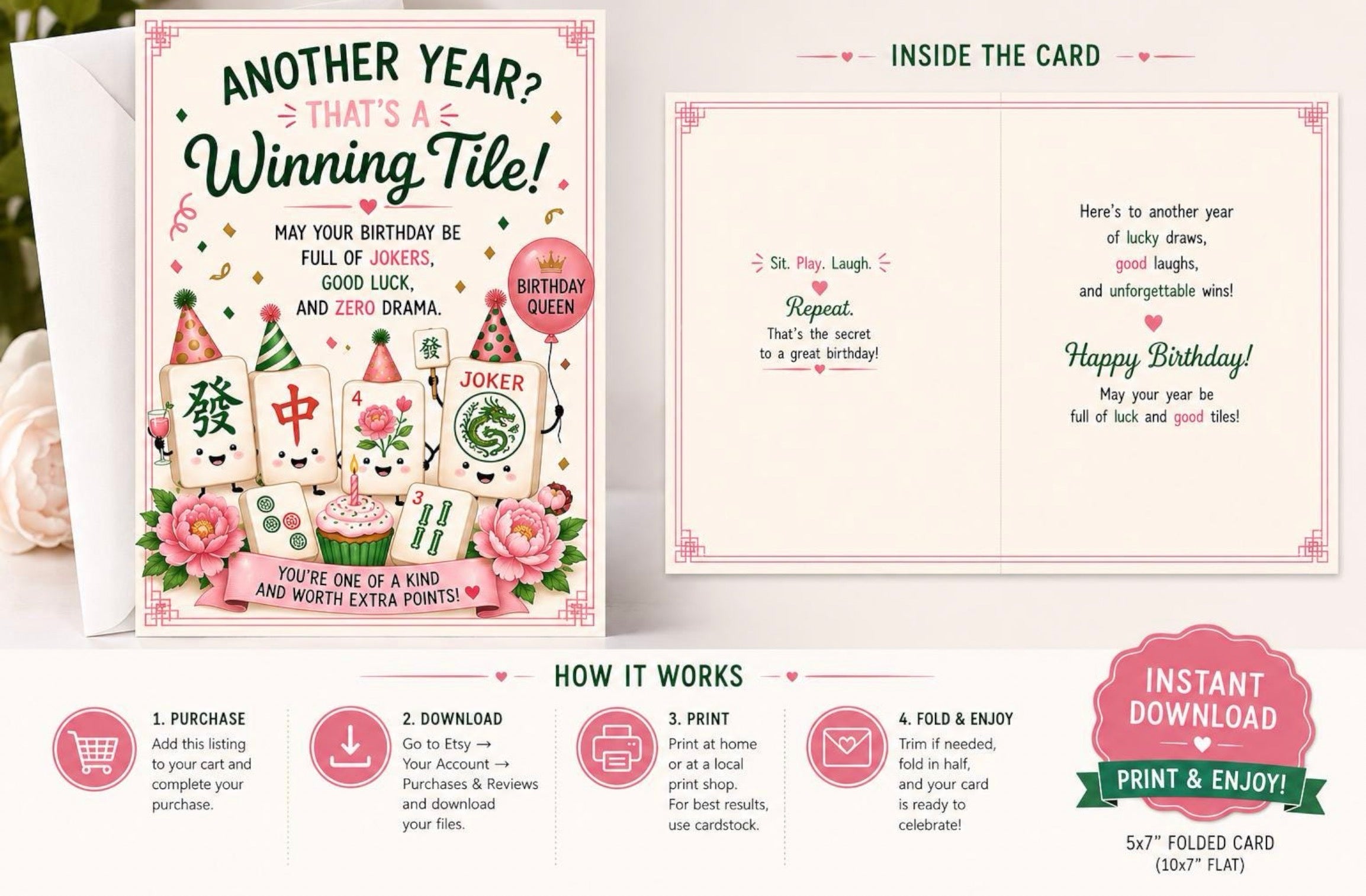 A birthday card set shown in a clean composite layout: the front cover design on the left, the inside layout on the right, and a how-it-works infographic strip along the bottom. No person, animal, or real environment is present, so this is Product/Packaging rather than Lifestyle.