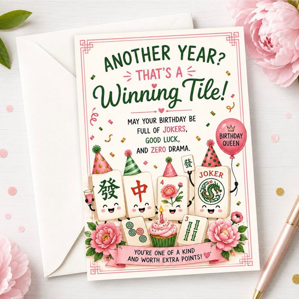 A square birthday card with a white envelope, styled on a light wood surface with pink flowers and a gold pen. The card reads 'ANOTHER YEAR? THAT'S A Winning Tile!' and features playful mahjong-themed illustrations, including smiling tiles, a pink cupcake, and a pink balloon that says 'BIRTHDAY QUEEN'.