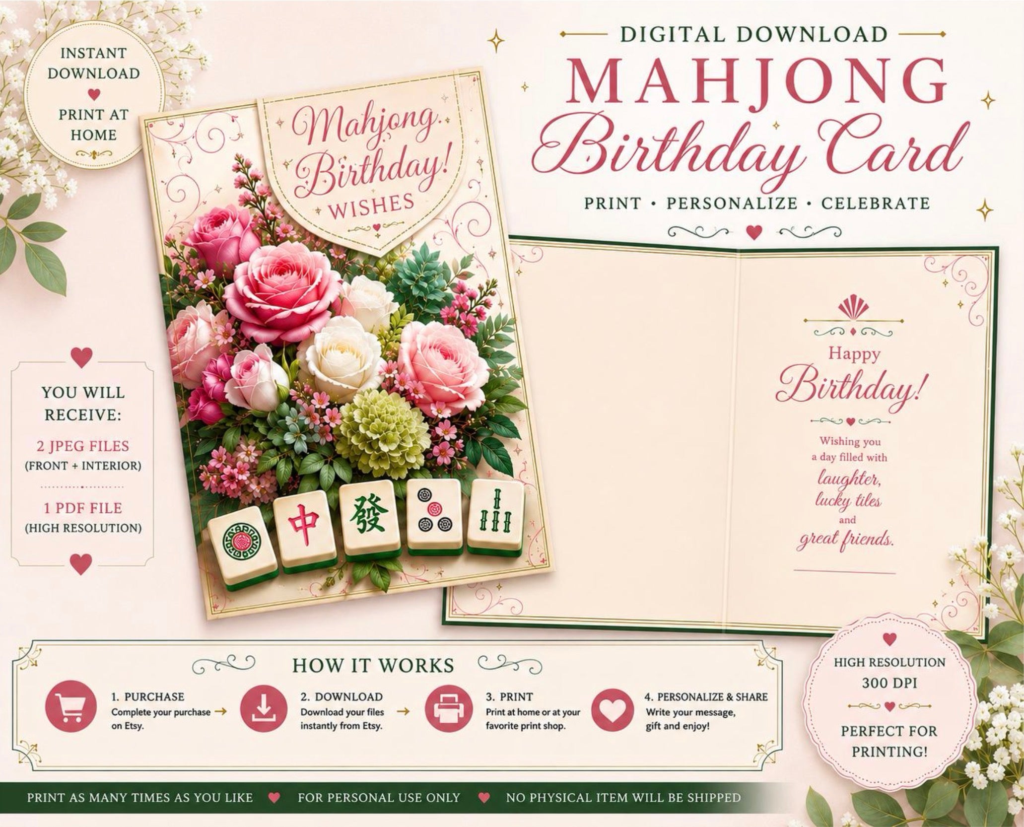 Digital preview of a Mahjong Birthday card template with floral artwork, tile graphics, and printed sample text, plus instructions and file details on a decorative cream background.