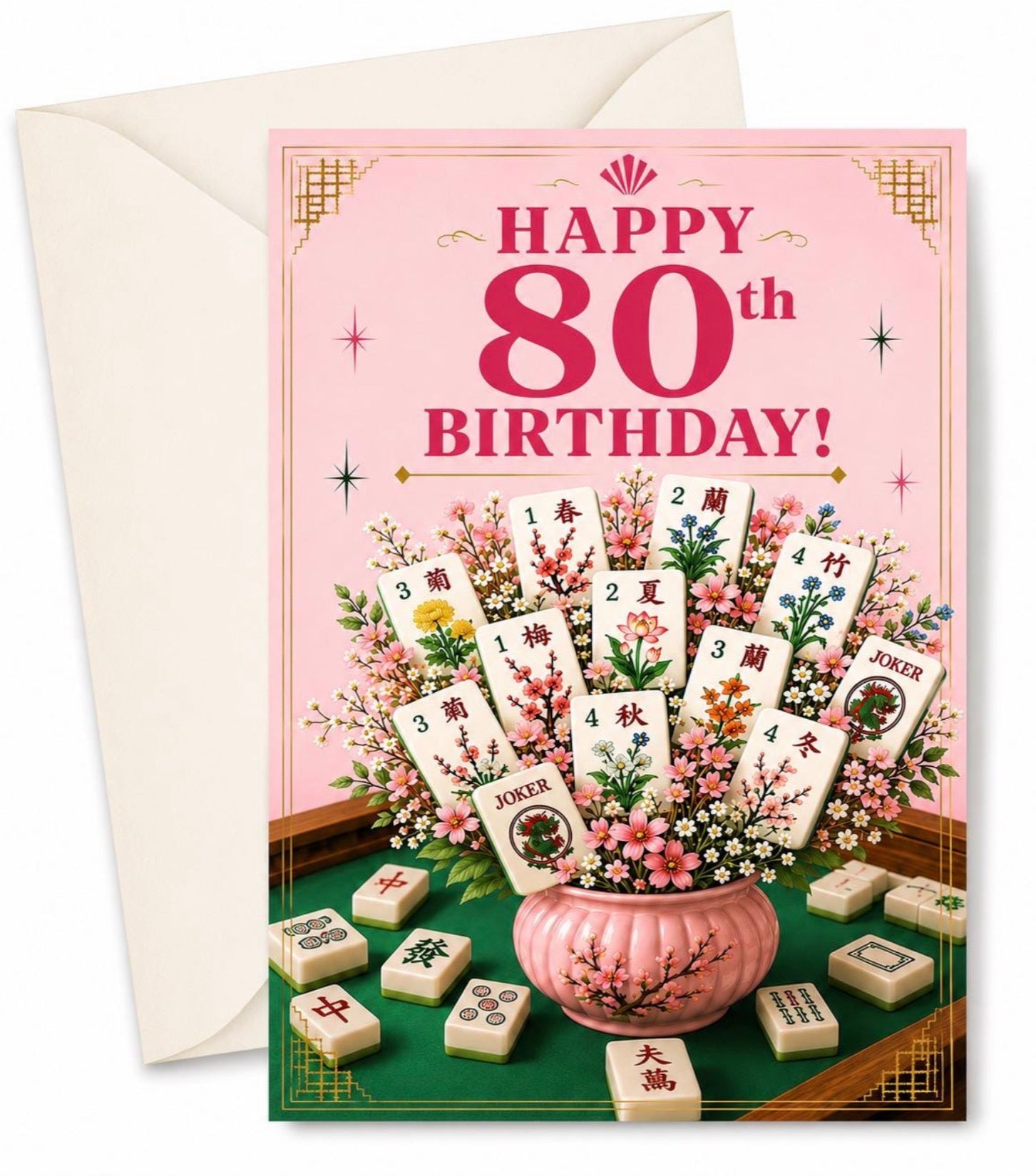 A pink 80th birthday greeting card with a cream envelope behind it. The card features the text 'HAPPY 80th BIRTHDAY!' above an illustration of mahjong tiles arranged like flowers in a pink pot, with additional mahjong tiles scattered around on a green table.