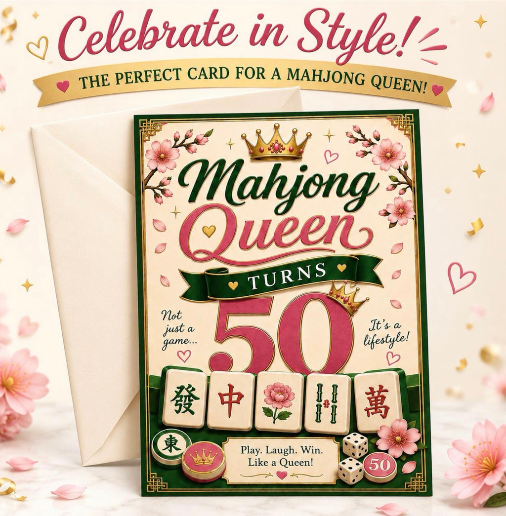 A birthday card for a 50th birthday 'Mahjong Queen' with a white envelope behind it, set against a light cream background decorated with pink flowers and gold confetti. The card features a green border, pink and green typography, a gold crown, and illustrations of mahjong tiles and dice.