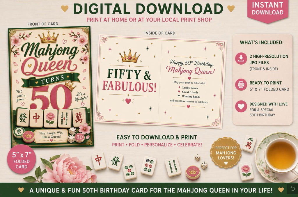 Digital download template for a 50th birthday 'Mahjong Queen' card set, showing the front and inside designs, along with included JPG files and a folded card preview on a light background.