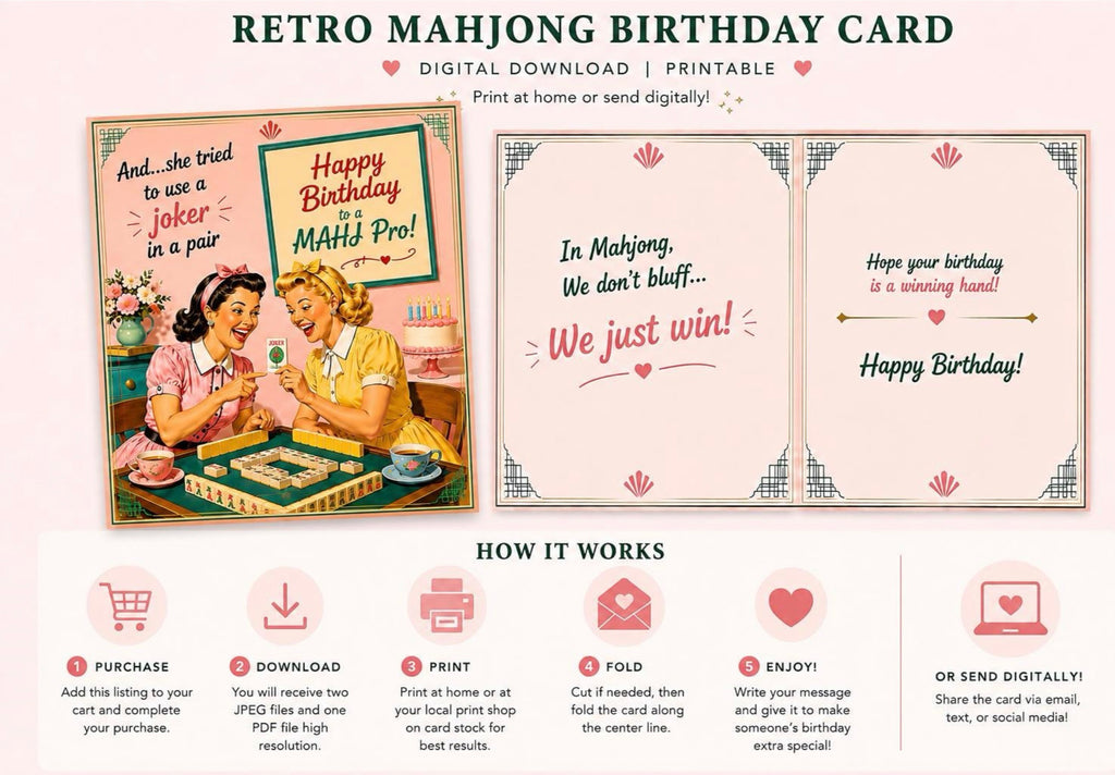 A promotional graphic for a retro mahjong birthday card set, showing two sample card designs on a pale pink background with text explaining digital download and printable options, plus a how-it-works section with icons.
