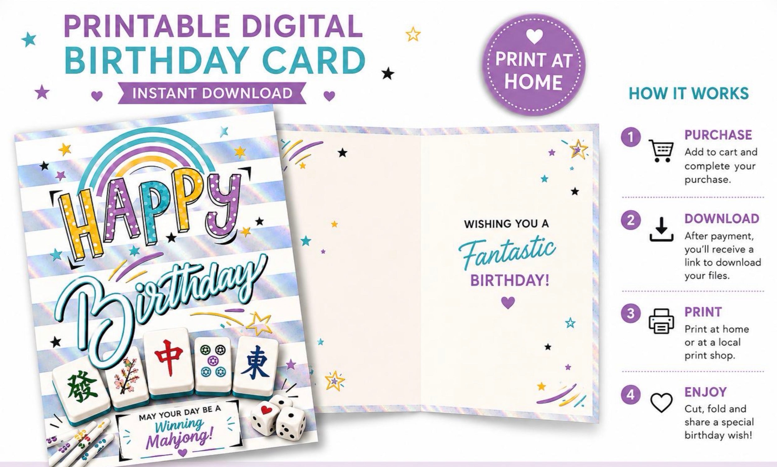 Printable digital birthday card template shown as an instant download preview with an open card interior and a folded card exterior, plus a 'Print at Home' badge and a 'How It Works' step-by-step panel on a white background.