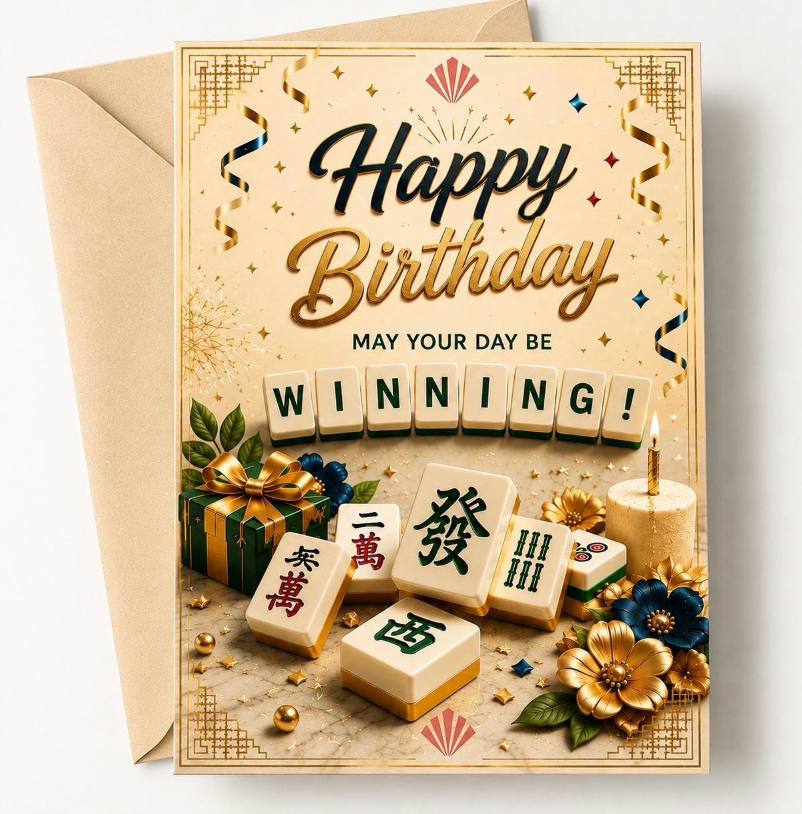 A gold and beige 'Happy Birthday' greeting card with a kraft envelope behind it. The card features a mahjong-themed design with wooden tile graphics spelling 'WINNING!', decorative flowers, a candle, and a gift box.