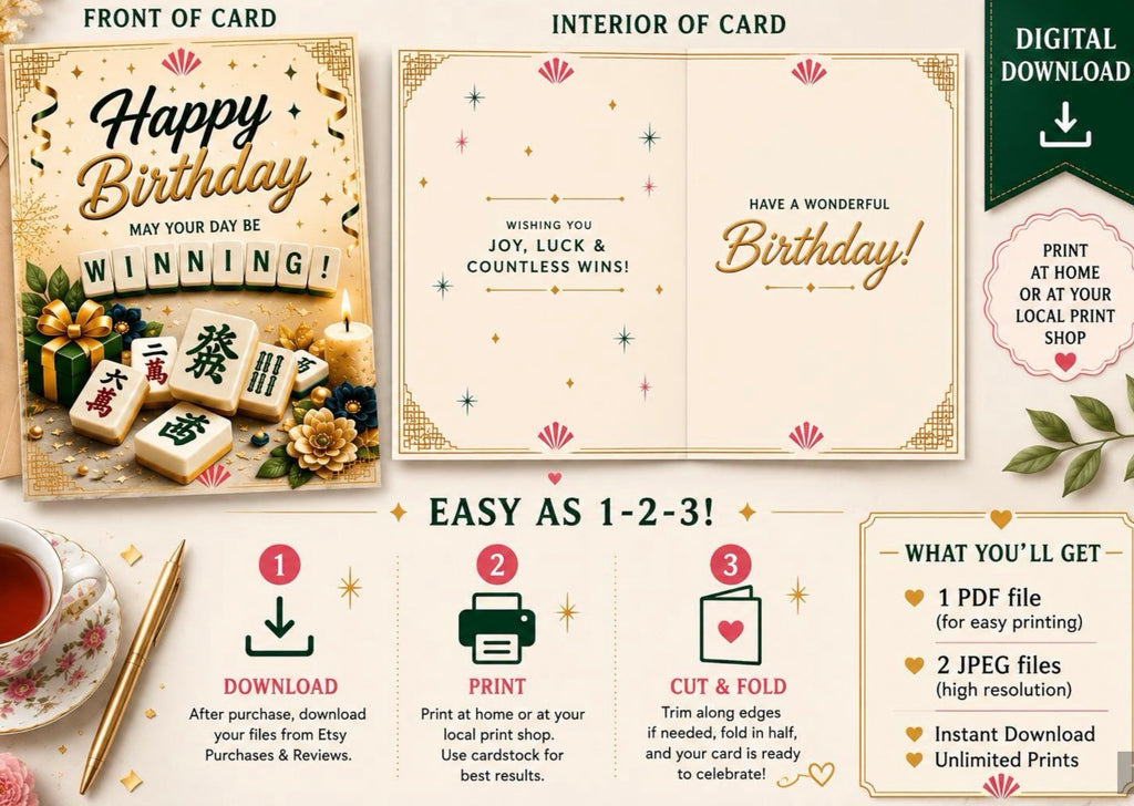 A digital preview collage for a printable birthday card set, showing the front and interior of a mahjong birthday card, step-by-step folding instructions, and a shopping guide with icons and text for downloading and printing the card.