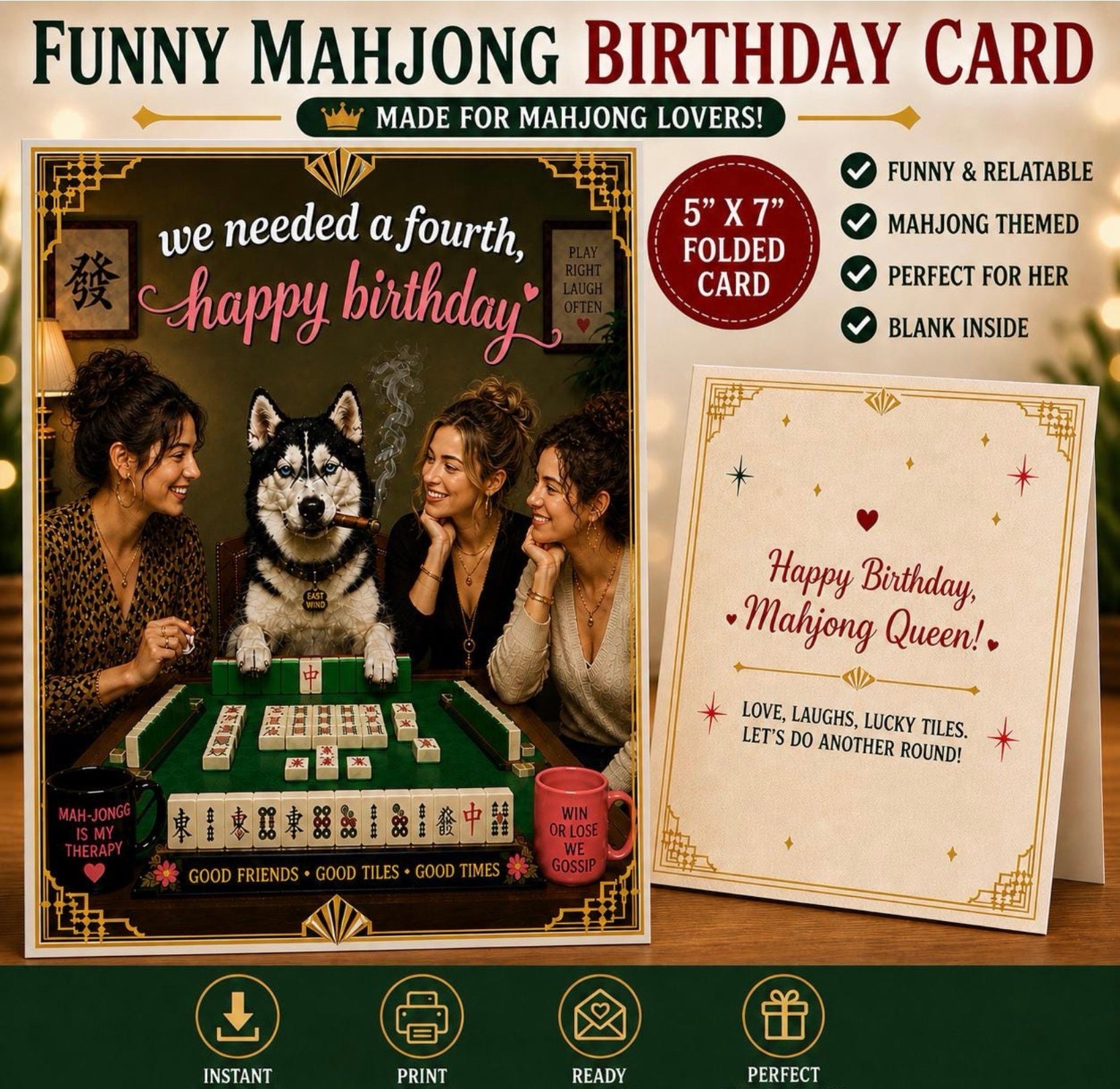 Promotional graphic for a funny mahjong-themed birthday card, showing the front and back of the folded card, plus marketing text such as 'Funny Mahjong Birthday Card' and 'Made for Mahjong Lovers!'. The left panel shows a styled card design with three women and a dog playing mahjong at a green table; the right panel shows the cream-colored folded card back with decorative gold lines and red text.
