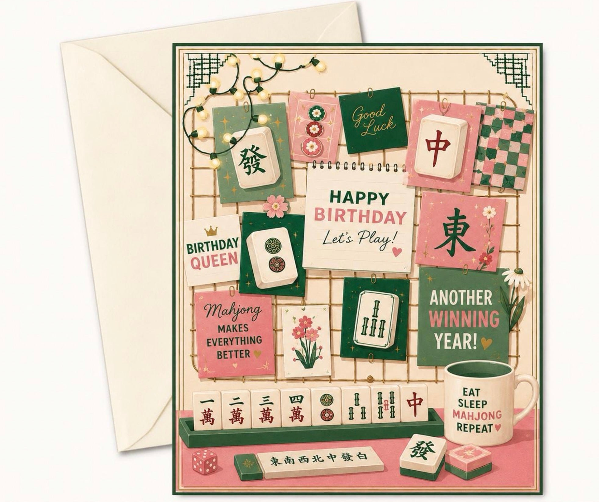 A square birthday mahjong themed greeting card with a retro mahjong theme, shown with an off-white envelope behind it. The card features a beige grid background decorated with pink and green mahjong tiles, Chinese characters, floral illustrations, and playful text like 'Happy Birthday Let's Play!' and 'Another Winning Year!'.