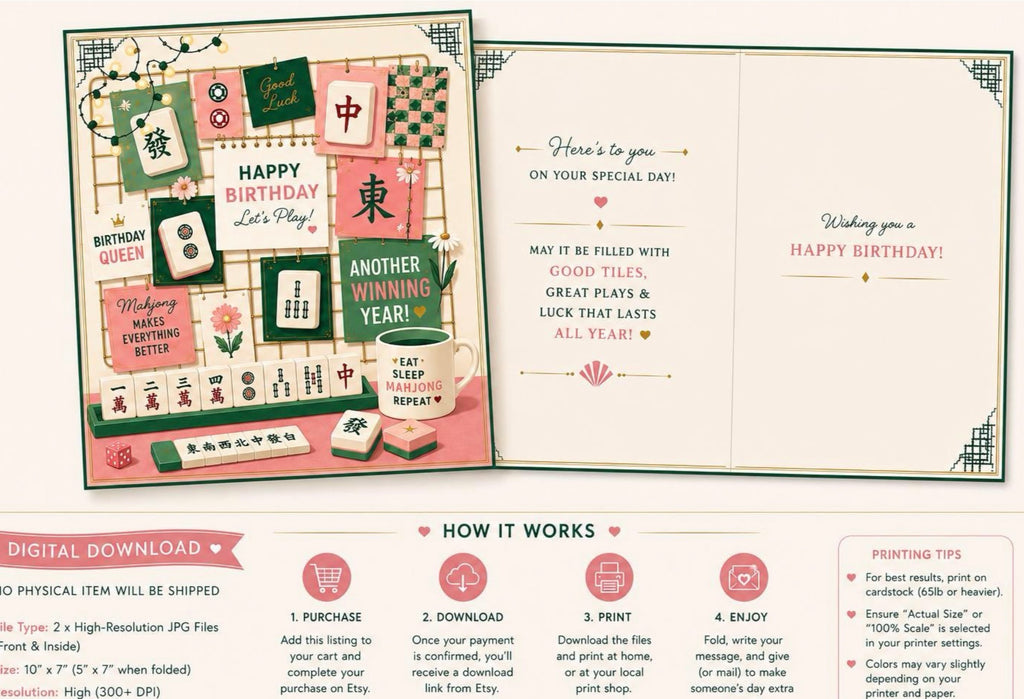 A digital preview of a square birthday greeting card set with a flat lay of the front design on the left, an open spread of the back design on the right, and informational text panels below explaining how to purchase, download, print, and enjoy the card set.