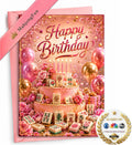 A pink and gold Happy Birthday greeting card featuring a decorated birthday cake, flowers, mahjong tiles, balloons, and confetti, shown with a pink envelope and a ribbon banner. A circular 'As Seen on' badge is in the bottom right corner.