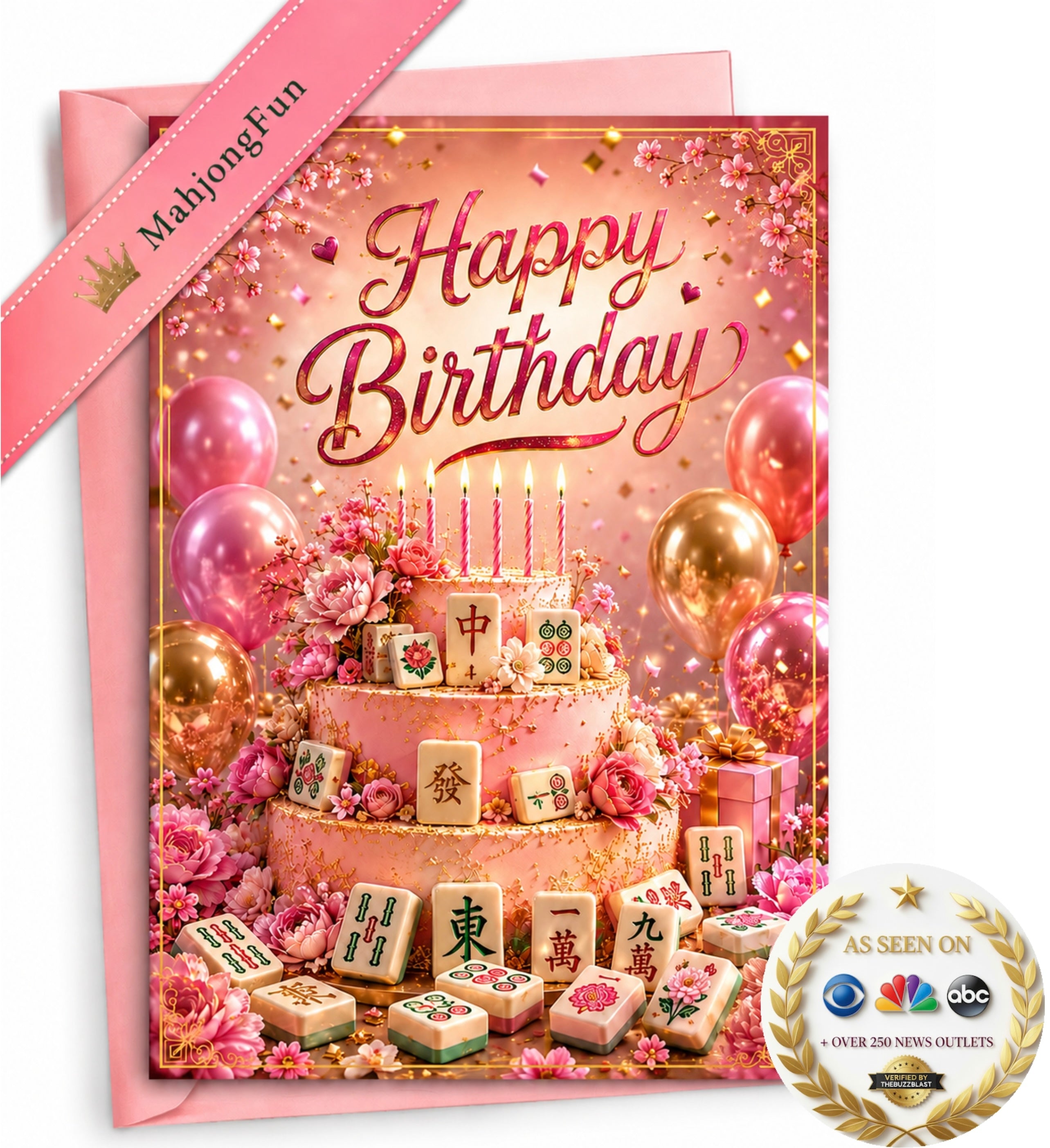 A pink and gold Happy Birthday greeting card featuring a decorated birthday cake, flowers, mahjong tiles, balloons, and confetti, shown with a pink envelope and a ribbon banner. A circular 'As Seen on' badge is in the bottom right corner.