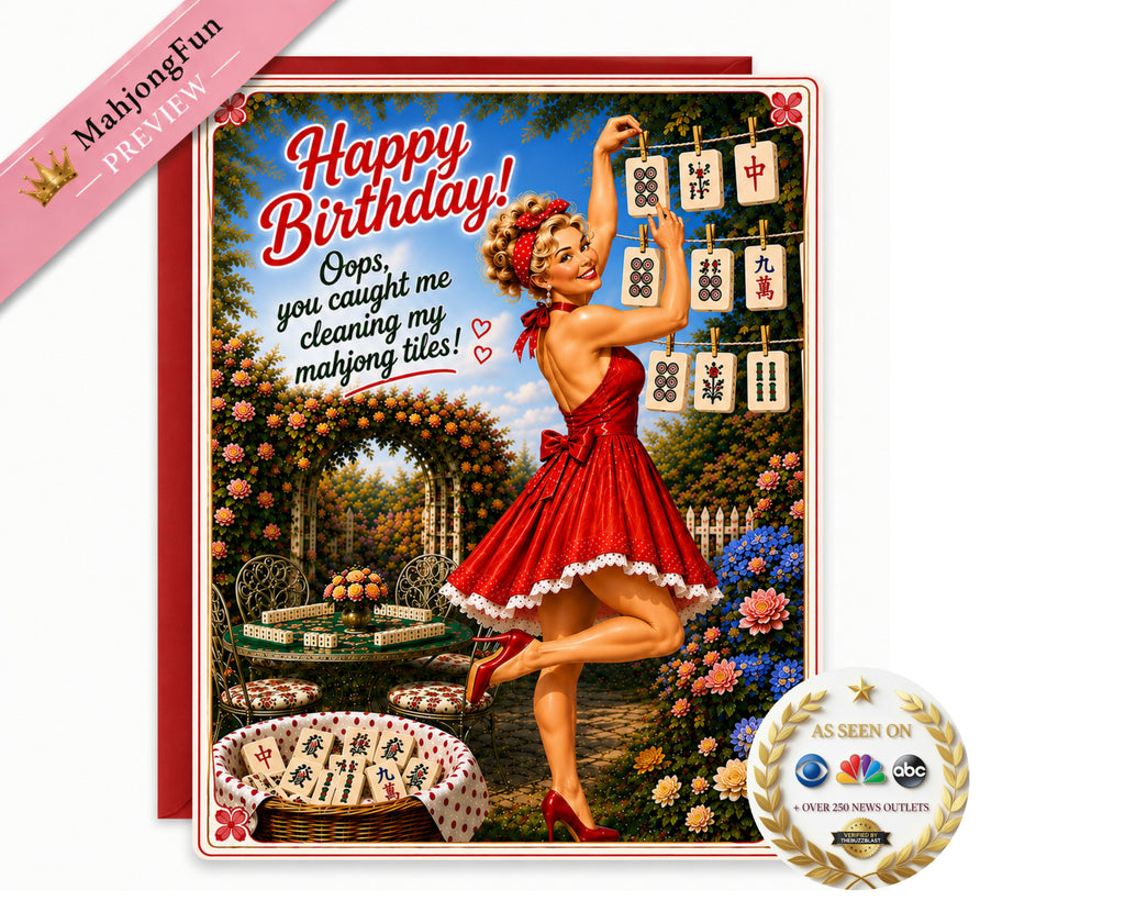 A square greeting card featuring a retro pin-up illustration of a woman in a red dress dancing in a garden while cleaning mahjong tiles, with the text 'Happy Birthday!'. The card is shown against a white background with a pink 'Malijong Fun' ribbon banner and an 'As Seen On' NBC award seal.