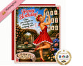 A square greeting card featuring a retro pin-up illustration of a woman in a red dress dancing in a garden while cleaning mahjong tiles, with the text 'Happy Birthday!'. The card is shown against a white background with a pink 'Malijong Fun' ribbon banner and an 'As Seen On' NBC award seal.