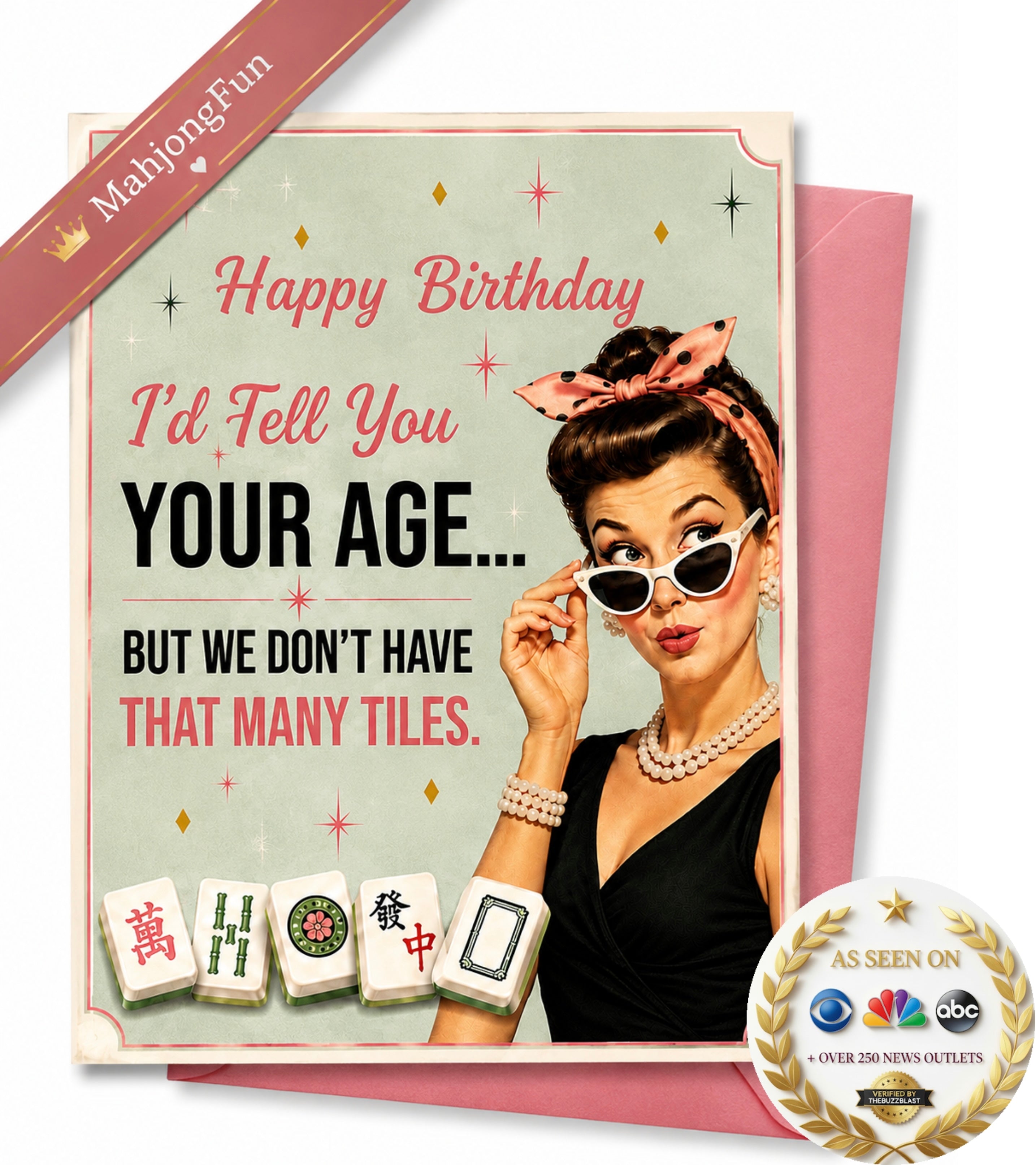 Featuring a fabulous vintage-style woman, classic Mahjong tiles and a fun mid-century design, this card is perfect for a Mahjong-playing friend, mom, sister, grandma, aunt or fellow member of your Mahjong group.