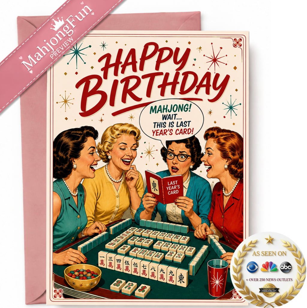 A retro-style mahjong-themed birthday card with a pink envelope, featuring vintage illustrations of four women playing mahjong and bold red 'HAPPY BIRTHDAY' text. A pink 'MahjongFun REVIEW' ribbon appears in the top left, and an 'AS SEEN ON' media badge is in the bottom right.