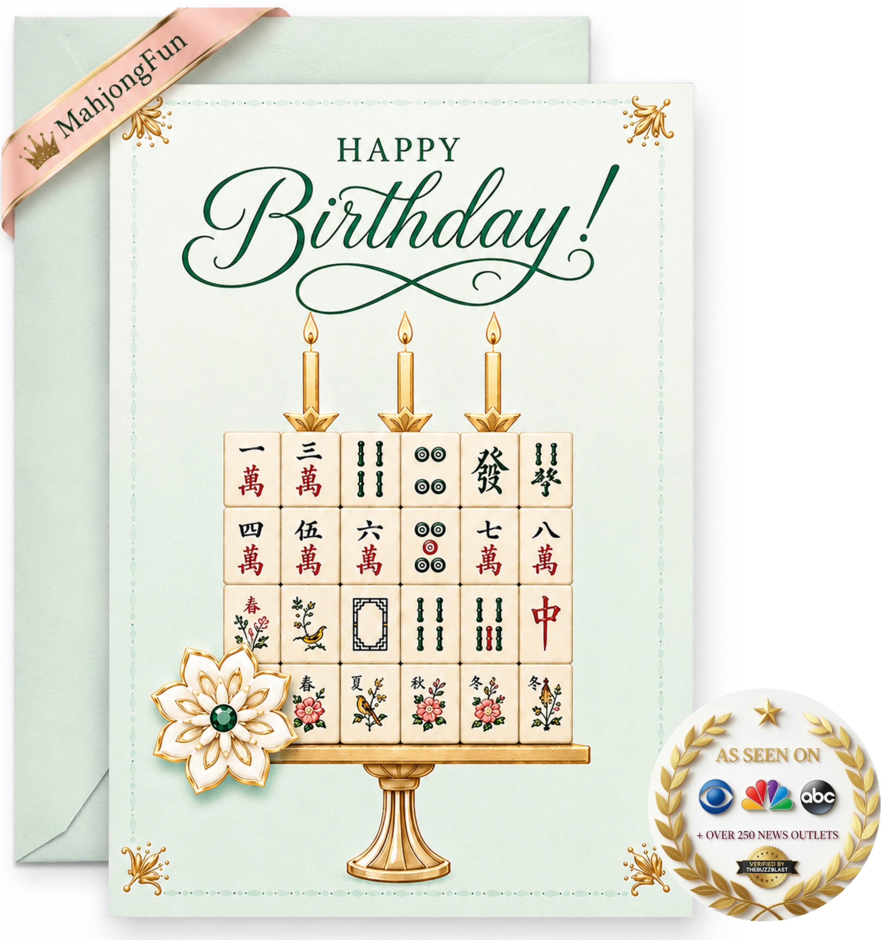 A Mahjong-themed Happy Birthday greeting card with a mint green envelope behind it. The card features the text 'HAPPY Birthday!' in dark green script above an illustration of three gold candles and a display of mahjong tiles on a gold stand.