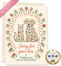 A square greeting card with a cream background featuring an illustrated dog and cat made from mahjong tile patterns, surrounded by a ring of matching tiles and hearts. The card reads, 'Sorry for your loss.