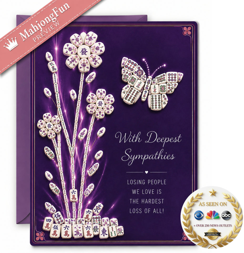 A purple sympathy card featuring Mahjong-themed floral designs made of tile pieces, a butterfly, and the text 'With Deepest Sympathies' and 'Losing People We Love Is The Hardest Loss Of All!'. A pink 'MahjongFun PREVIEW' ribbon appears in the top left, and a gold 'AS SEEN ON' badge is in the bottom right.