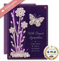 A purple sympathy card featuring Mahjong-themed floral designs made of tile pieces, a butterfly, and the text 'With Deepest Sympathies' and 'Losing People We Love Is The Hardest Loss Of All!'. A pink 'MahjongFun PREVIEW' ribbon appears in the top left, and a gold 'AS SEEN ON' badge is in the bottom right.