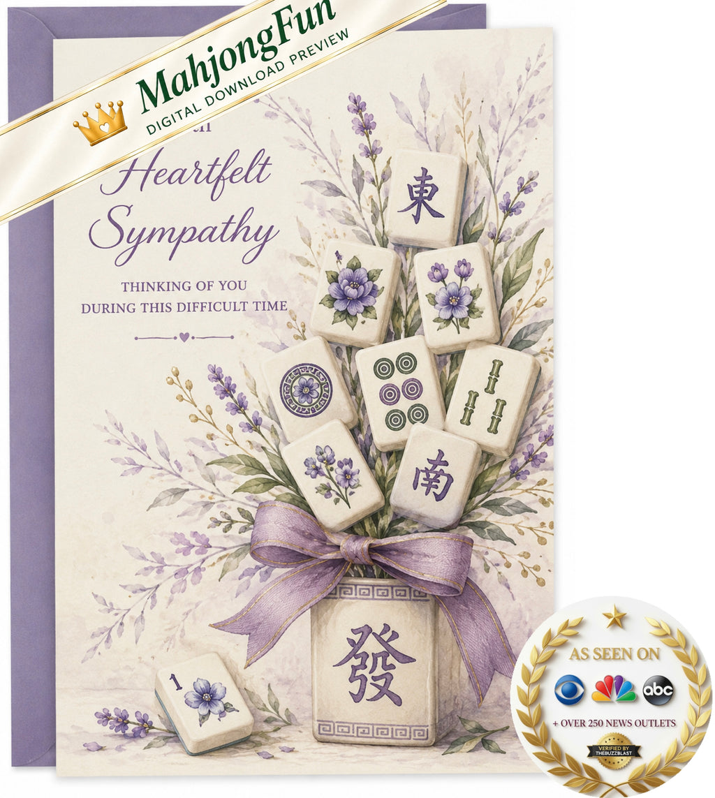 Designed especially for the Mahjong lover, this printable condolence card features a beautiful arrangement of Mahjong tiles surrounded by soft purple florals, cream tones, and delicate botanical details.

The front reads “With Heartfelt Sympathy – Thinking of You During This Difficult Time,” while the coordinating interior offers a simple, heartfelt message of comfort.

Perfect when you want a sympathy card that feels more personal and meaningful for someone who loves Mahjong.