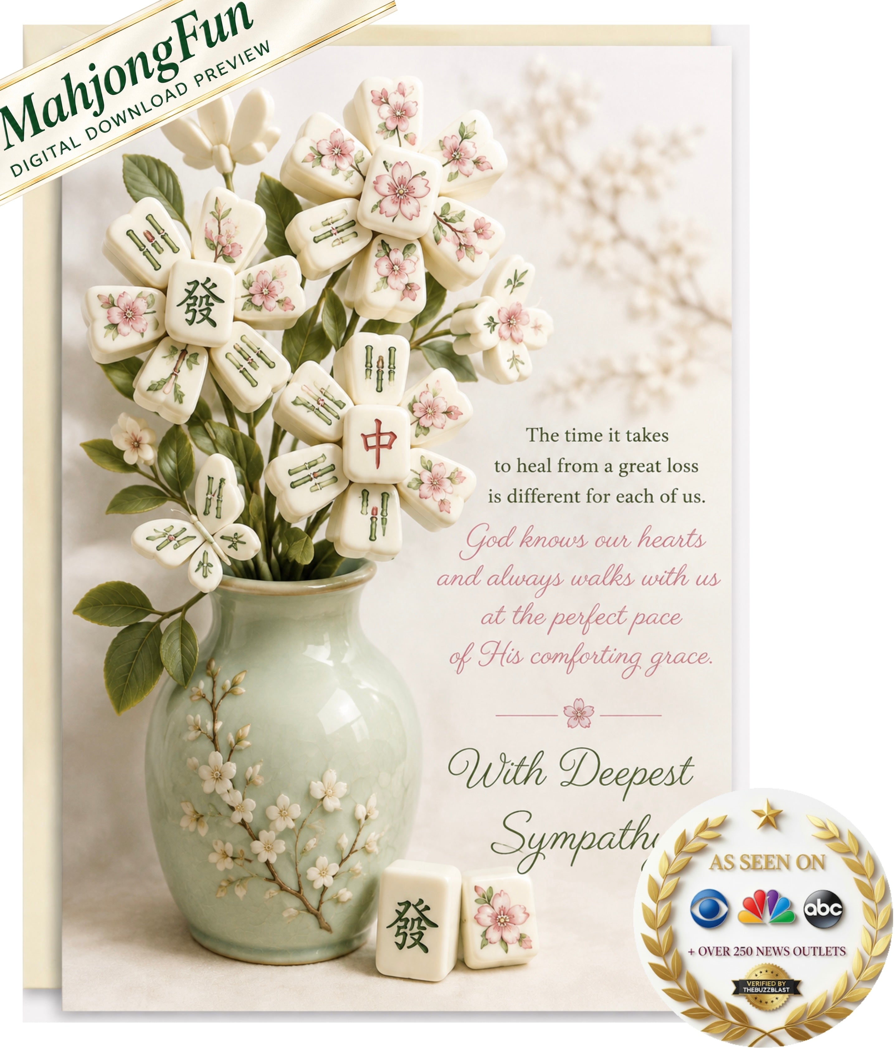 A memorial-style print or card design featuring a decorative arrangement of mahjong tiles arranged like flowers in a pale green floral vase, with sympathy text on a cream background. A gold diagonal banner reads 'MahjongFun Digital Download Preview,' and a circular 'As Seen on NBC' style badge appears at the lower right.