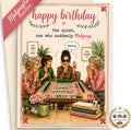 Digital birthday card template preview with a pink floral design, showing a folded card front with an illustrated scene and two back panels with text placeholders. Text reads 'DIGITAL BIRTHDAY CARD' and includes step-by-step download/print-fold instructions.