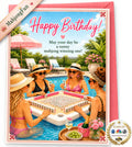 Make her birthday a winning one with this fun Printable Mahjong Birthday Card featuring four stylish friends playing Mahjong in a sunny swimming pool!

Perfect for the Mahjong-loving friend, mom, sister, grandmother, Mah Jongg partner, or member of your Mahjong group, this colorful pool-party birthday card combines sunshine, friendship and everyone’s favorite game.
