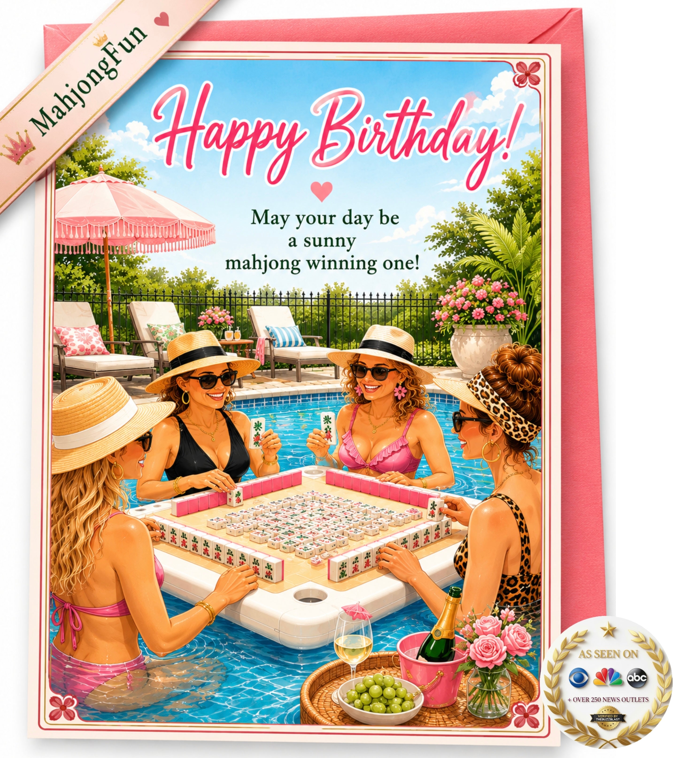 Make her birthday a winning one with this fun Printable Mahjong Birthday Card featuring four stylish friends playing Mahjong in a sunny swimming pool!

Perfect for the Mahjong-loving friend, mom, sister, grandmother, Mah Jongg partner, or member of your Mahjong group, this colorful pool-party birthday card combines sunshine, friendship and everyone’s favorite game.