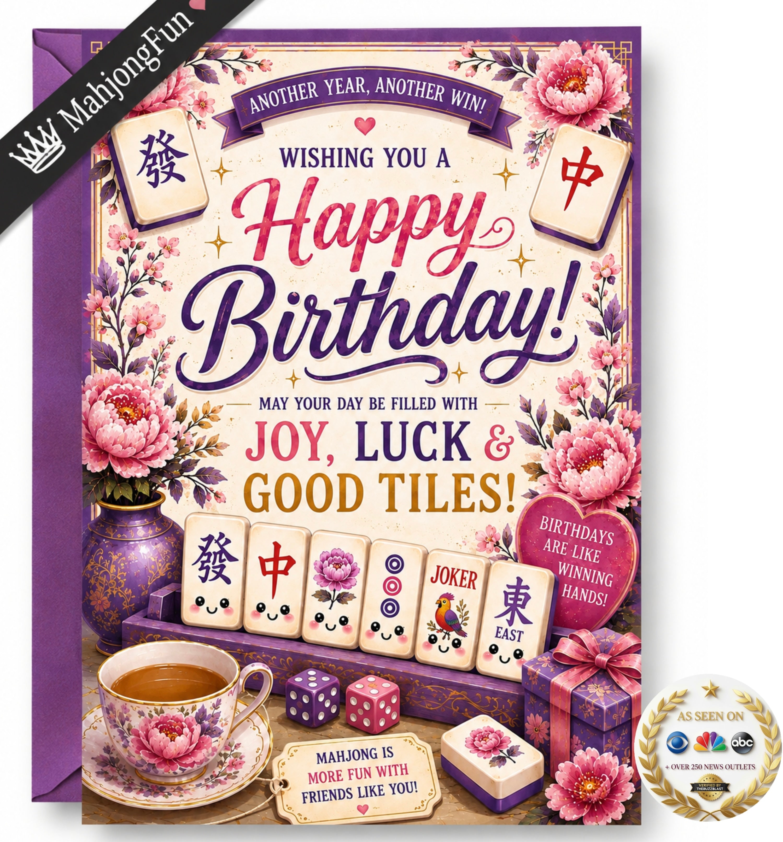 A square birthday card design with a Chinese mahjong theme, featuring floral artwork, playing card tiles, a teacup with pink flowers, gift boxes, and celebratory text including 'Happy Birthday!' and 'May your day be filled with joy, luck & good tiles!'. A black diagonal banner reads 'MahjongFun' and a circular badge says 'It's seen on TV'.